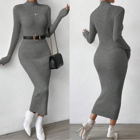 Sexy mock neck ribbed long sleeve bodycon fitted maxi sweater dress - Picture 1 of 16